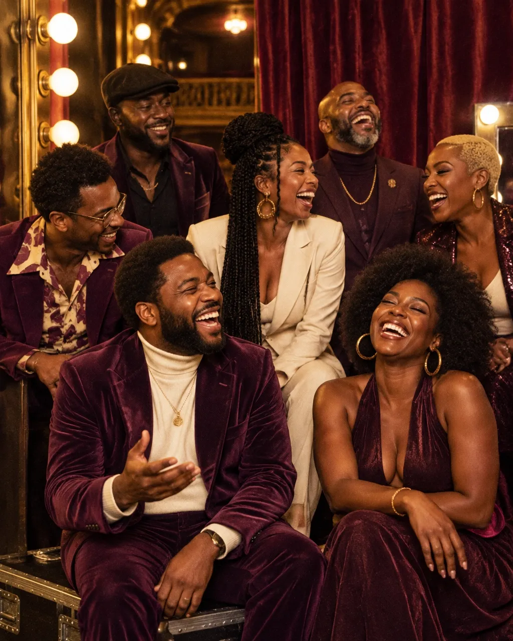 Comedians laughing backstage near velvet red curtains